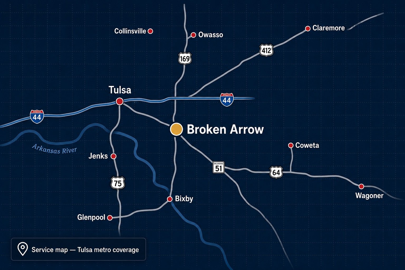 Service map — Hot Shot Electrical Tulsa metro coverage area, with Broken Arrow, Tulsa, Bixby, Owasso, Jenks, Glenpool, Claremore, Collinsville, Coweta and Wagoner marked