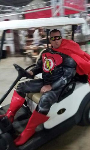 superhero costume while driving